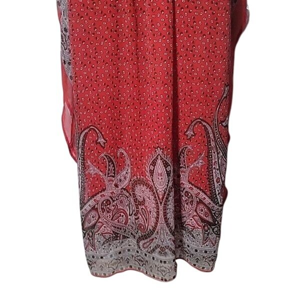 Flowy Bohemian-Style Red Paisley Printed Caftan Dress With Sheer Overlay & Loose - Picture 6 of 7